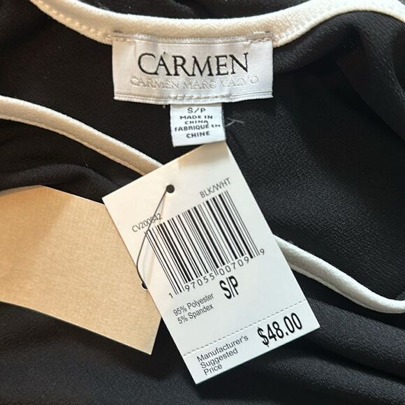 Carmen Marc Valvo Black White Peep Shoulder Top Shirt Blouse Medium M NWT - Picture 3 of 5